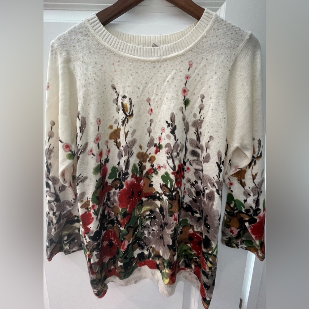 Cathy Daniels Womens Sweater Size Large Jeweled Watercolor Floral 3/4 Sleeve